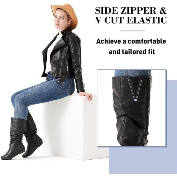 Women's Slouchy Mid Calf Boots Zip up Flat Boots - Picture 3 of 7